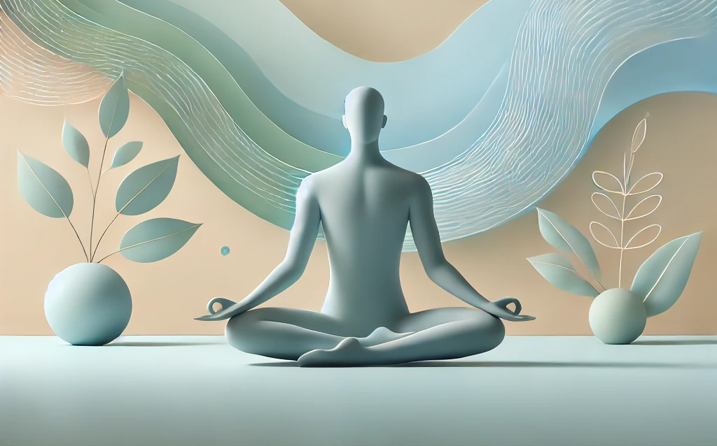 מדיטציה להרגעת הלחץ: אדם יושב בתנוחת מדיטציה בתוך סביבה של שלווה עם צבעים רכים, המסמלת איזון פנימי והרפיה.