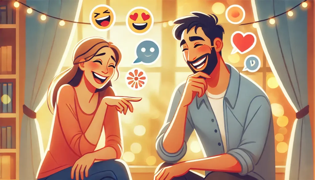 שני אנשים משוחחים בצורה כיפית ומשועשעת, כאשר אחד מהם מתגרה בשני בצורה משחקית וידידותית. האווירה קלילה ונעימה, עם חיוכים ושימוש באימוג'ים הממחישים את המשיכה והכימיה ביניהם.