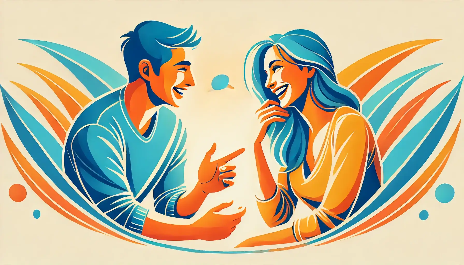 שני אנשים משוחחים בצורה כיפית ומשועשעת, עם שפת גוף פתוחה ואווירה חמימה שמדגישה סביבה בטוחה ונינוחה לפלרטוט ומשיכה.