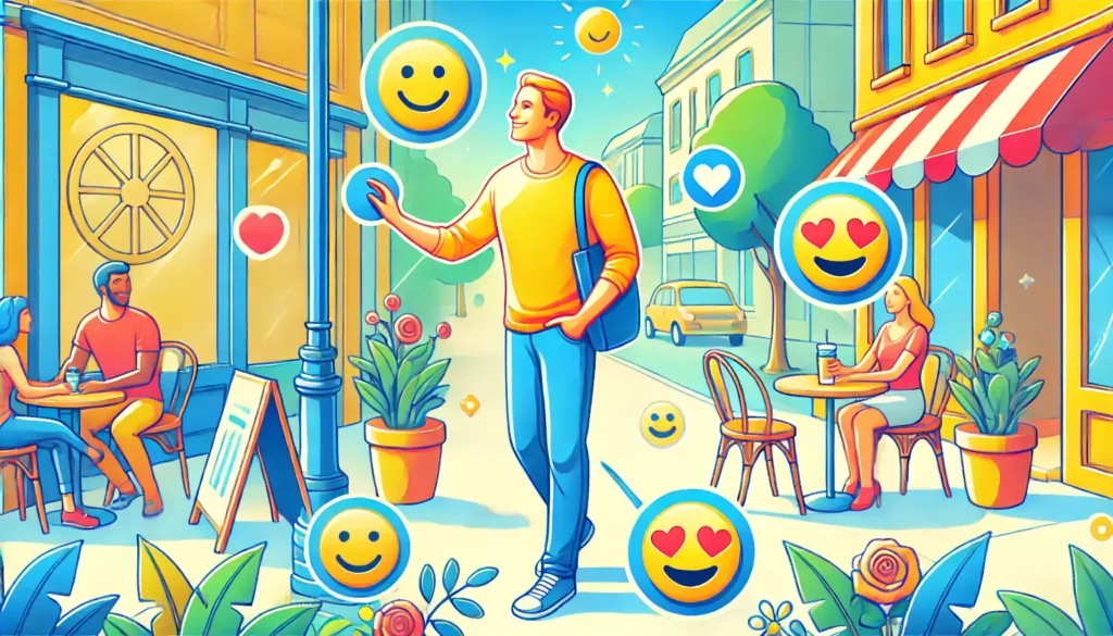 אדם מחייך ומתקשר בצורה משחקית וקלילה עם הסביבה שלו, משדר אנרגיה חיובית בזמן שהוא עוסק בפעולות יומיומיות כמו הליכה ברחוב או ישיבה בבית קפה.