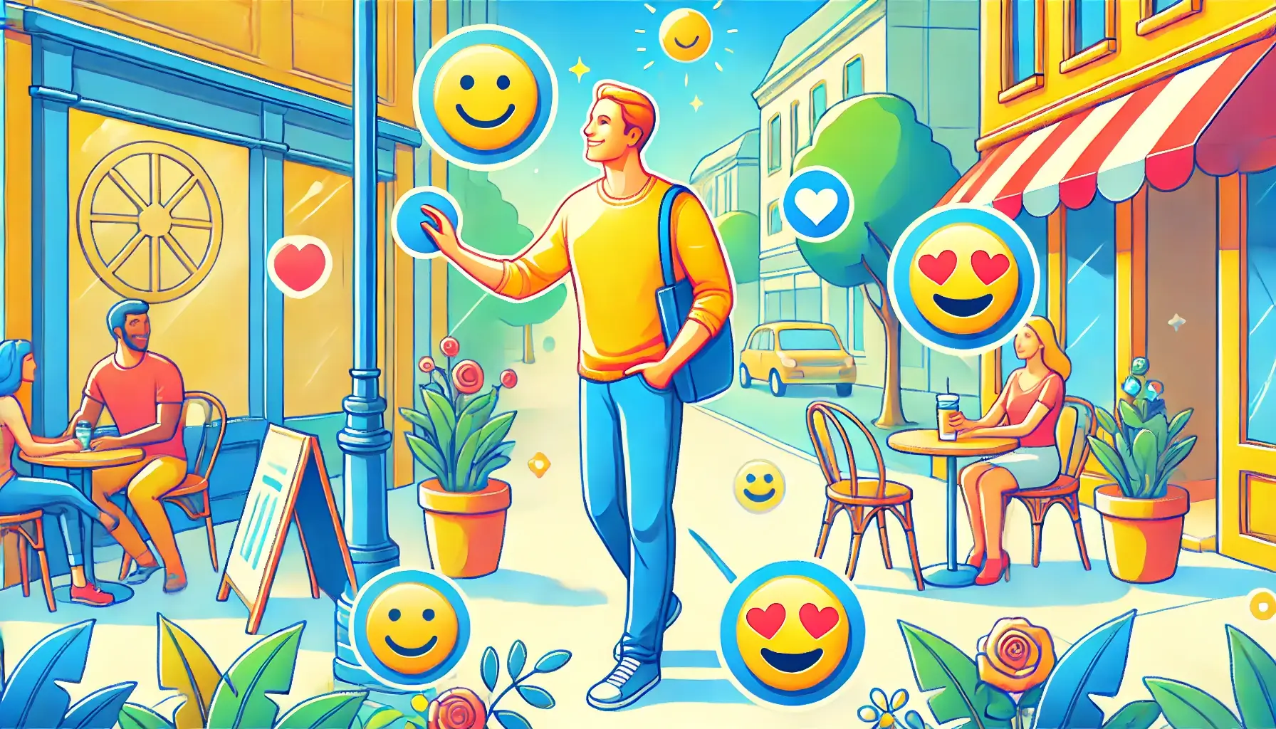 אדם מחייך ומתקשר בצורה משחקית וקלילה עם הסביבה שלו, משדר אנרגיה חיובית בזמן שהוא עוסק בפעולות יומיומיות כמו הליכה ברחוב או ישיבה בבית קפה.