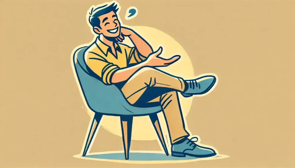 אדם יושב בנינוחות כשהוא נשען אחורה בשיחה, משדר ביטחון ורוגע עם שפת גוף פתוחה וחיוך תוך כדי אינטראקציה קלילה.