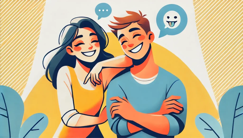 שני אנשים משוחחים בצורה נינוחה, מחייכים ומרגישים בנוח במהלך שתיקה רגעית בשיחה, משדרים ביטחון ושובבות בסיטואציה.