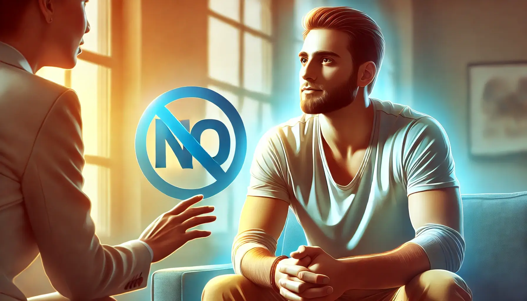 אדם בטוח בעצמו מציב גבול בצורה רגועה ומכבדת, מדבר עם אדם אחר בצורה ברורה תוך כדי שמירה על שיחה חיובית.