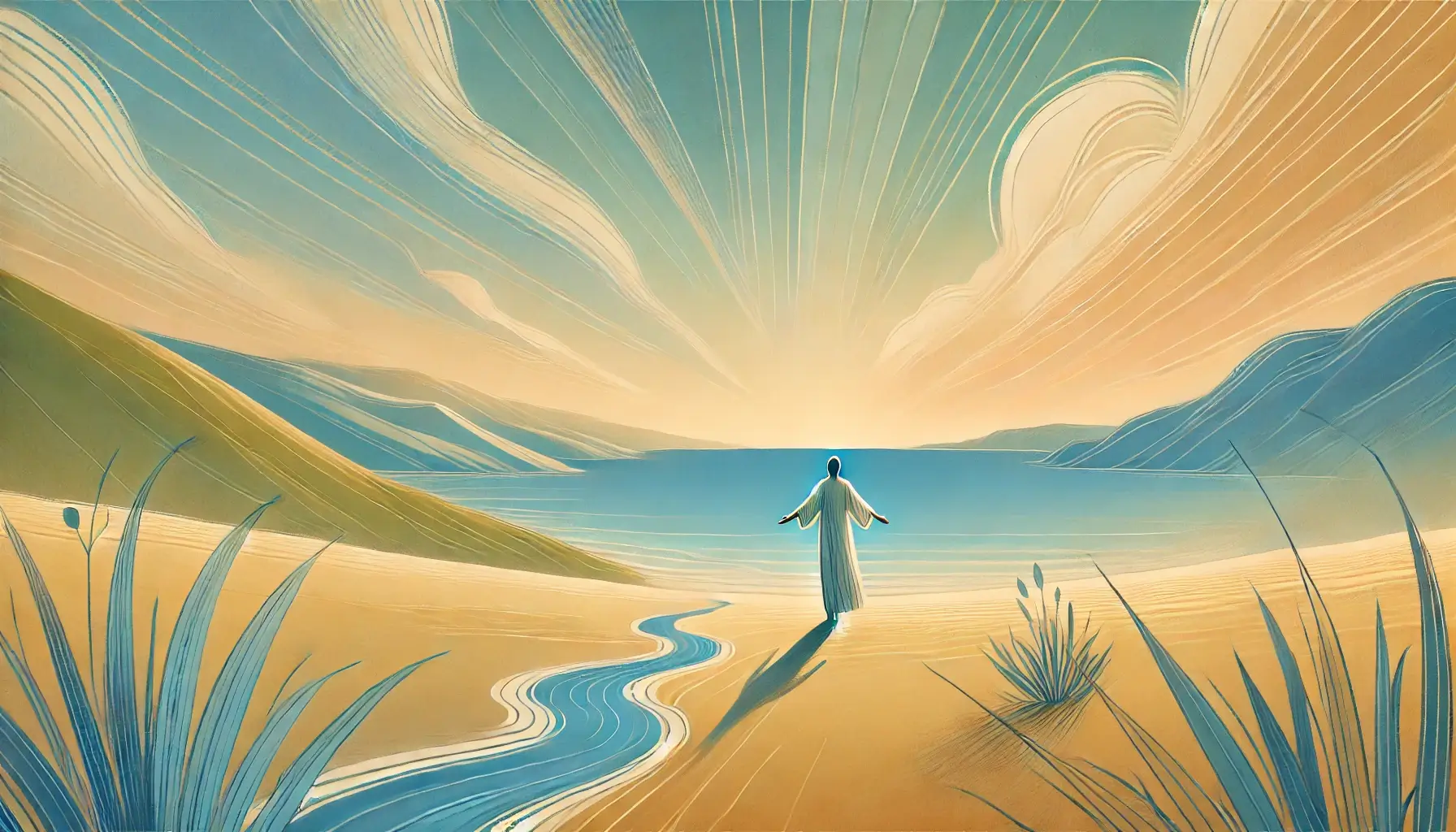 אדם עומד על גבעה בנוף שקט עם ידיים פתוחות כלפי השמיים, מסמל שחרור רגשי ומחילה. התמונה משדרת תחושת שלווה ורוגע בצבעים רכים של תכלת, ירוק וזהב.