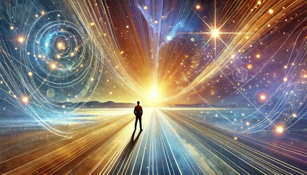 אדם עומד על שביל שמוביל לאופק מואר, עם קווים זוהרים שמייצגים את כוח הדמיון והוויזואליזציה להשגת מטרות והצלחה
