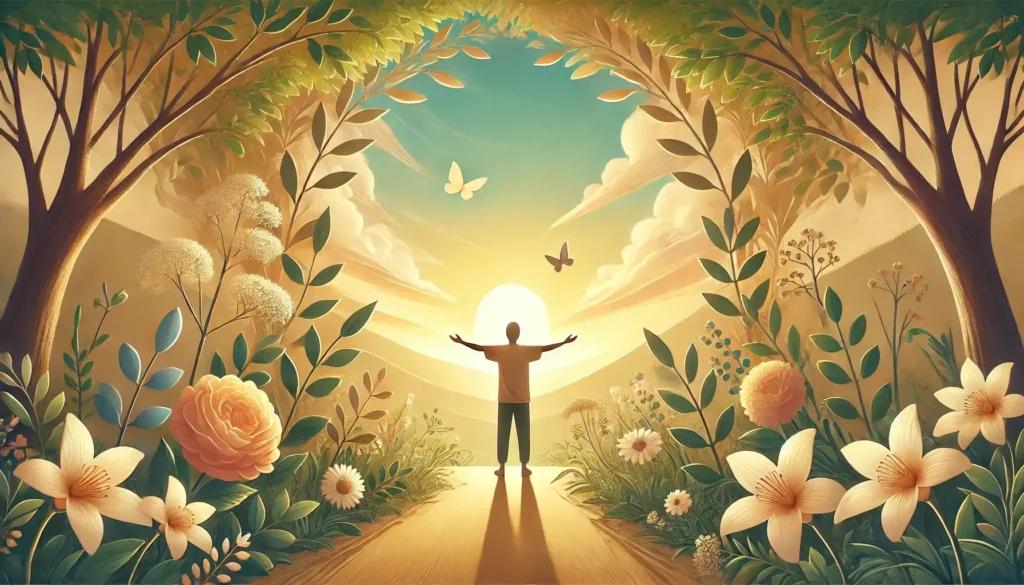 אדם עומד עם ידיים פתוחות בטבע, נהנה מיופיו של הזריחה, מוקף בעצים ופרחים. התמונה משדרת תחושות של שלווה, הכרת תודה וקשר עמוק עם הטבע, בצבעים רכים וחמימים של זהב, ירוק ותכלת.