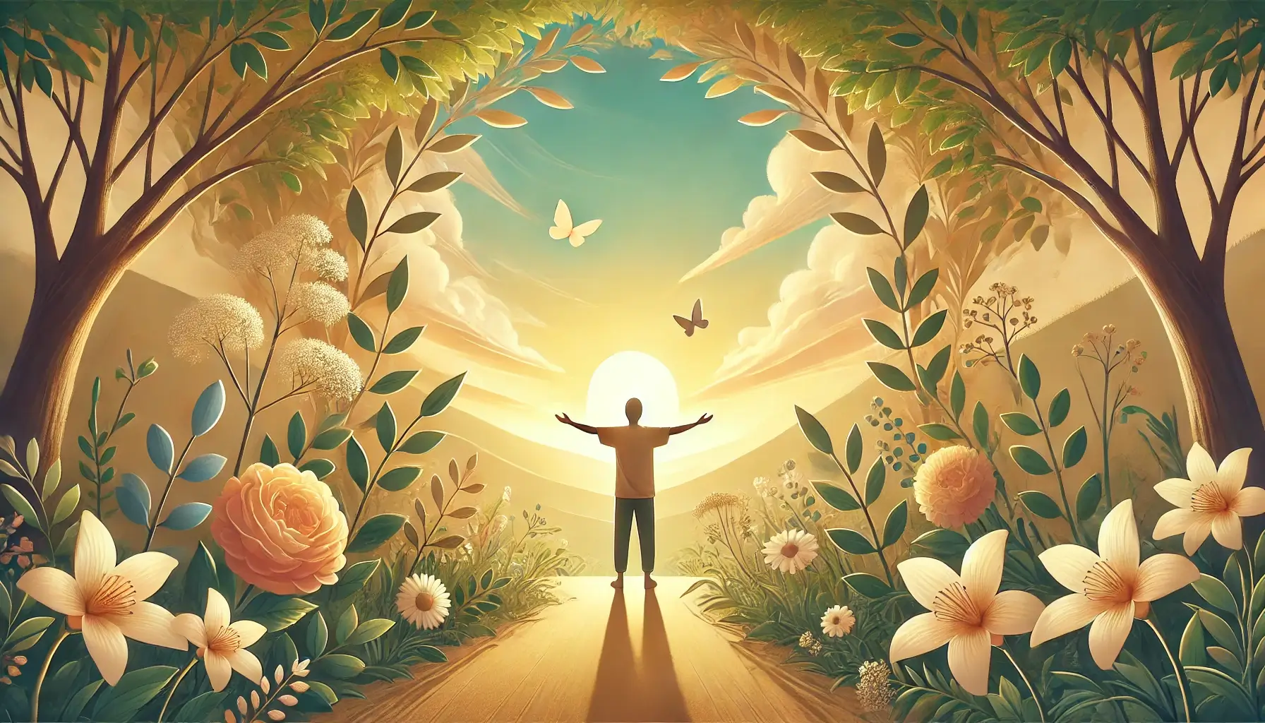 אדם עומד עם ידיים פתוחות בטבע, נהנה מיופיו של הזריחה, מוקף בעצים ופרחים. התמונה משדרת תחושות של שלווה, הכרת תודה וקשר עמוק עם הטבע, בצבעים רכים וחמימים של זהב, ירוק ותכלת.