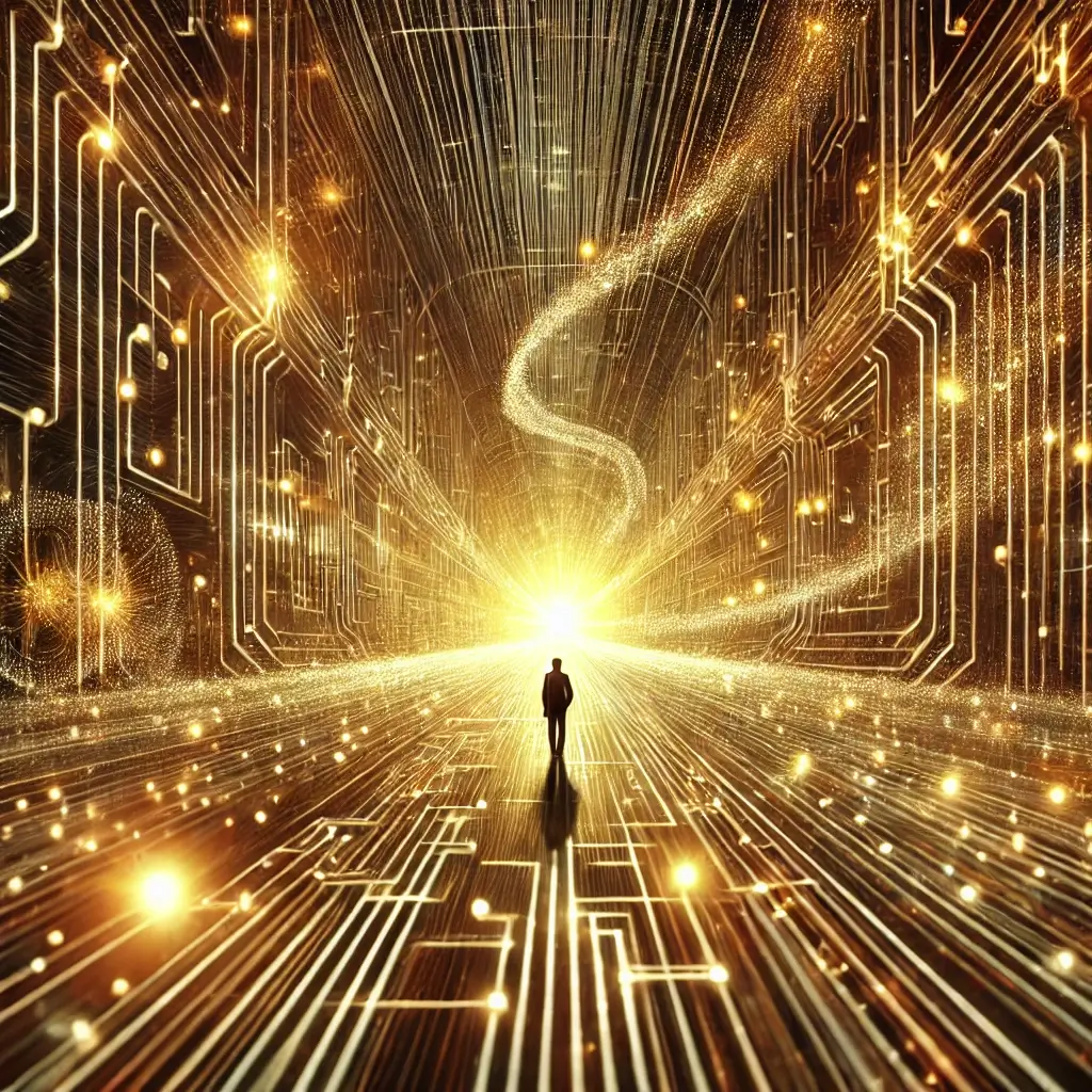 מסע לתודעת שפע: אדם הולך במערכת מנהרות מוארת באור חם, כשהוא מתקדם לעבר נקודת אור רחוקה המסמלת מטרות והצלחה.