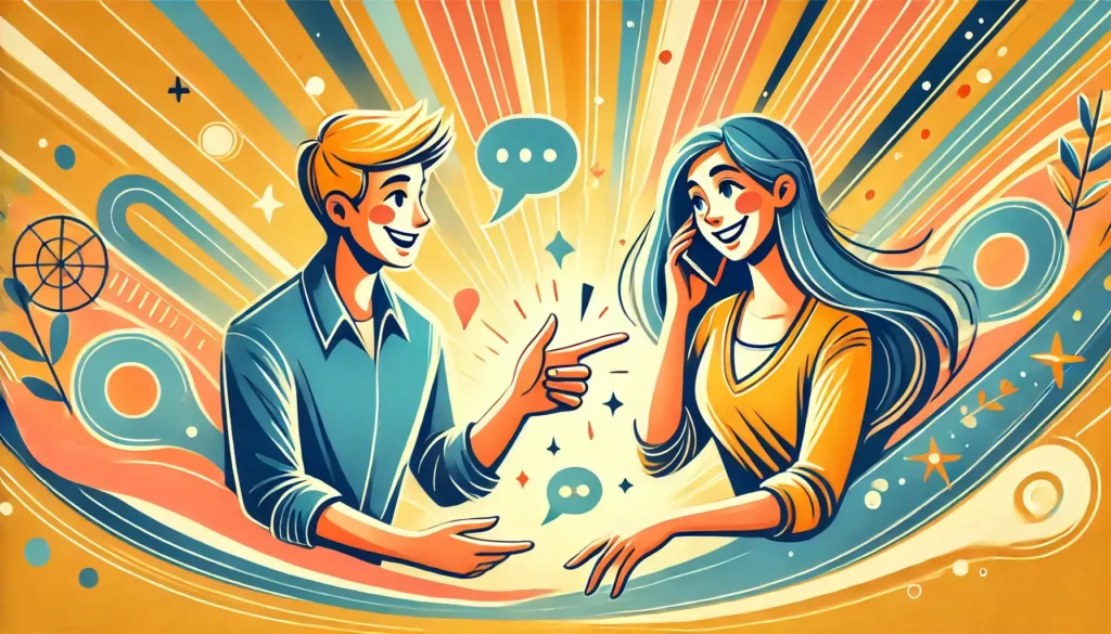 שני אנשים מחייכים ומשוחחים בצורה קלילה וחיובית, כאשר אחד מהם שואל שאלה יצירתית ומצחיקה, משדרים אווירה כיפית ומלאת חיים.