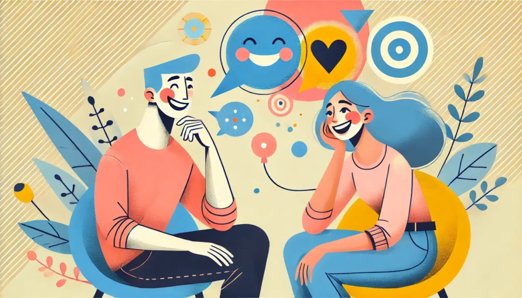 שני אנשים משוחחים בחיוך ובכיף, אחד מהם מגיב בשמחה להערה אבסורדית ומשחקית, משדרים אווירה קלילה וכיפית.